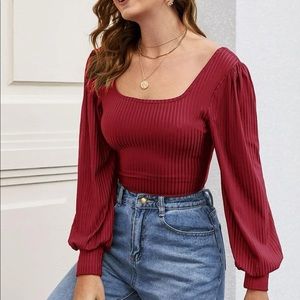 Red scoop neck long sleeve top